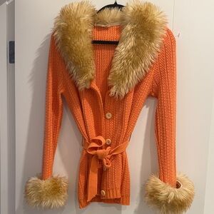 Orange Faux Fur-Trimmed Knit Sweater